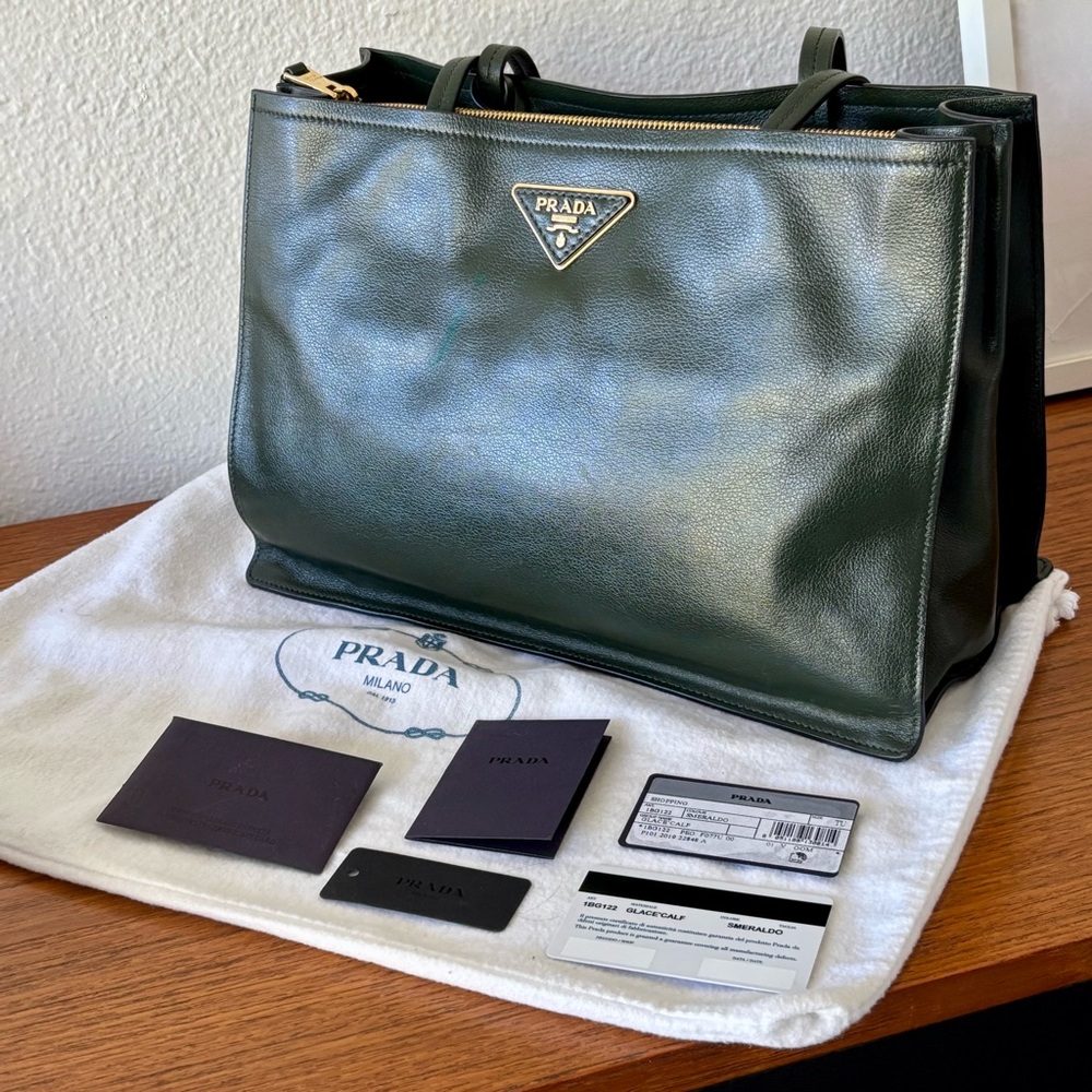 PRADA Smeraldo Glace Calfskin Tote bag in dark green